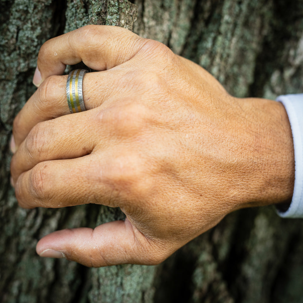 Christmas Gift Ideas - Damascus Steel Ring With Double Stripe